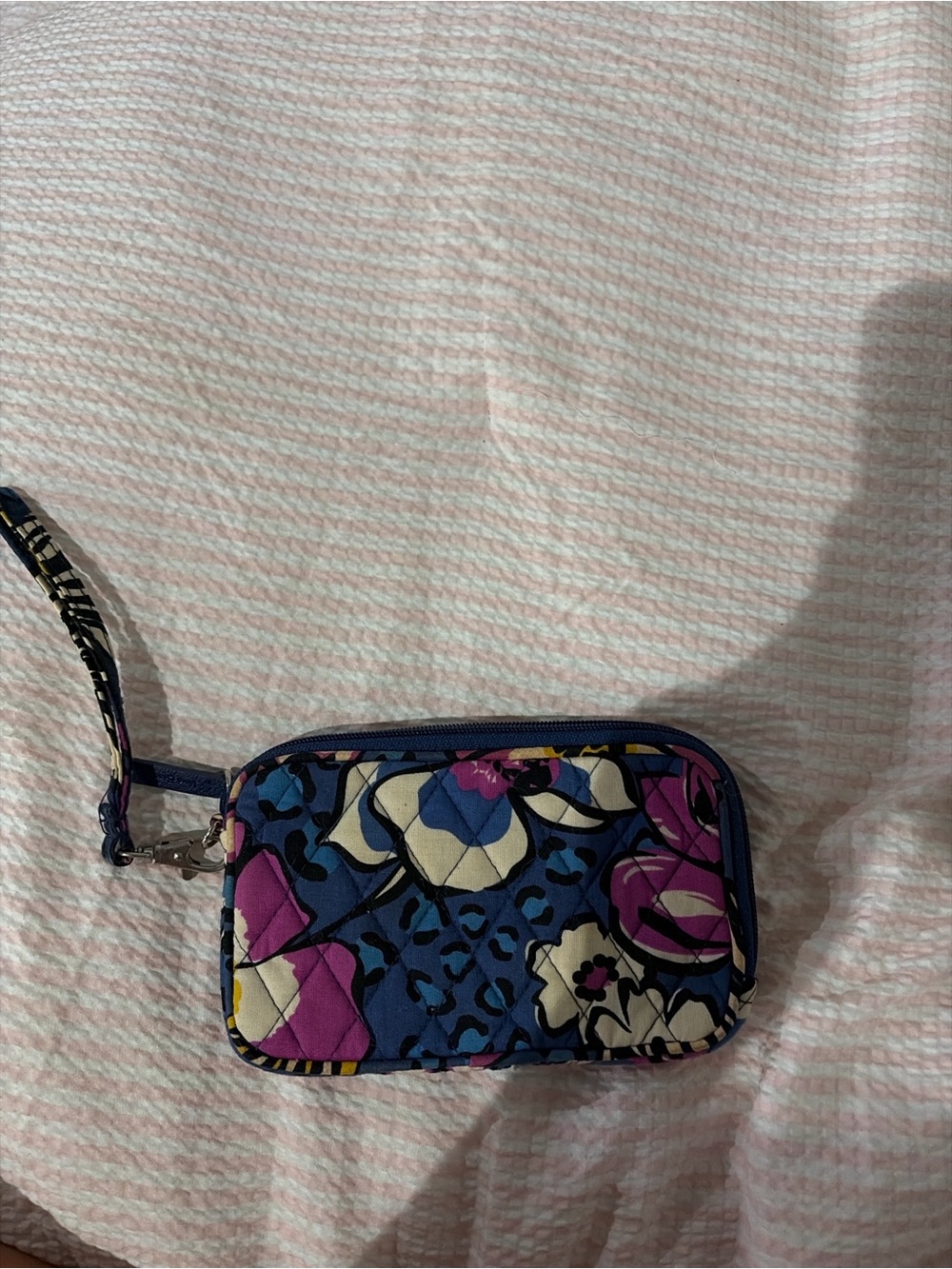 Vera Bradley Blue Floral Quilted Wristlet Pouch with Pink Accents